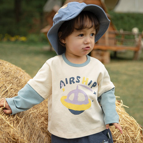 Children's Fake Two-Piece Long Sleeve Interior Colorblock Printed Top